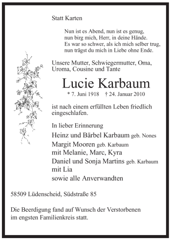 Traueranzeige von Lucie Karbaum von WESTFÄLISCHER ANZEIGER