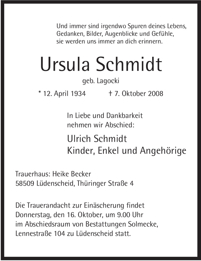  Traueranzeige für Ursula Schmidt vom 11.10.2008 aus WESTFÄLISCHER ANZEIGER