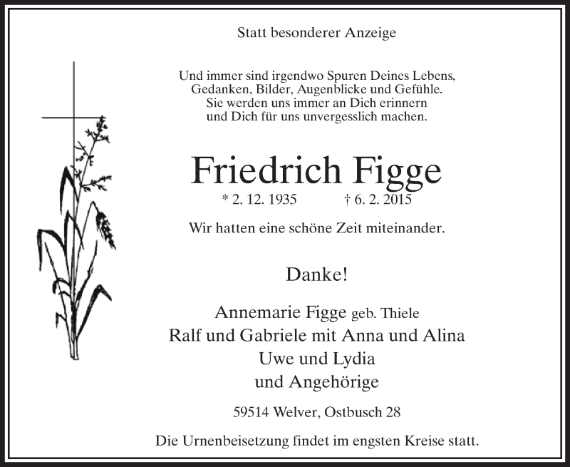  Traueranzeige für Friedrich Figge vom 11.02.2015 aus MZV