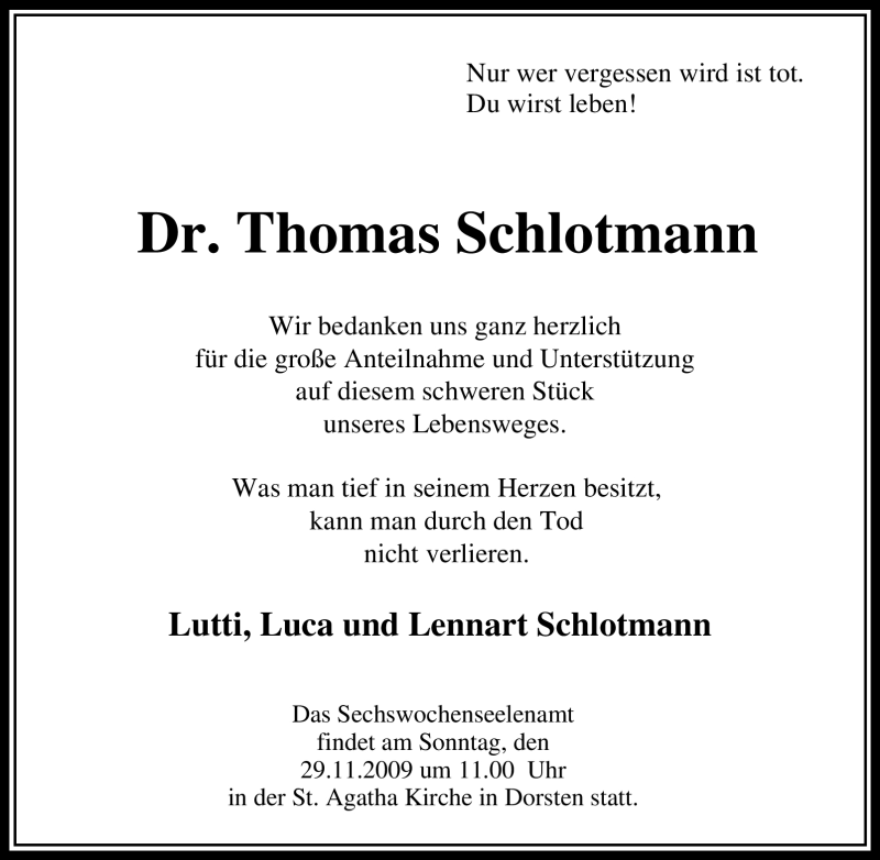  Traueranzeige für Thomas Schlotmann vom 28.11.2009 aus WESTFÄLISCHER ANZEIGER