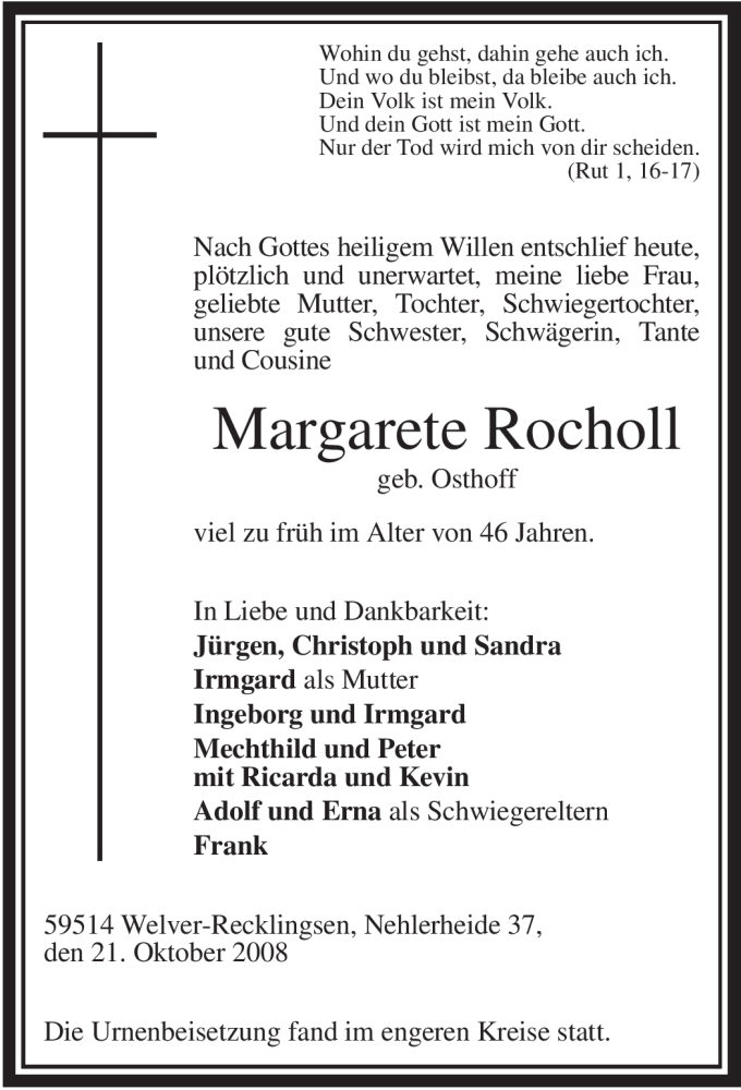  Traueranzeige für Margarete Rocholl vom 29.10.2008 aus WESTFÄLISCHER ANZEIGER