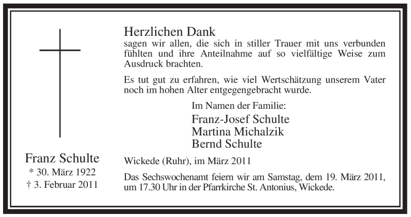  Traueranzeige für Franz Schulte vom 11.03.2011 aus WESTFÄLISCHER ANZEIGER