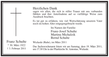 Traueranzeige von Franz Schulte von WESTFÄLISCHER ANZEIGER