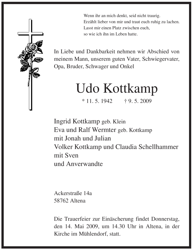  Traueranzeige für Udo Kottkamp vom 11.05.2009 aus WESTFÄLISCHER ANZEIGER