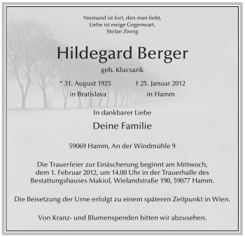 Traueranzeige von Hildegard Berger von WESTFÄLISCHER ANZEIGER