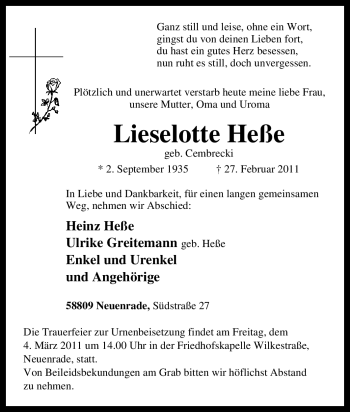 Traueranzeige von Lieselotte Heße von WESTFÄLISCHER ANZEIGER