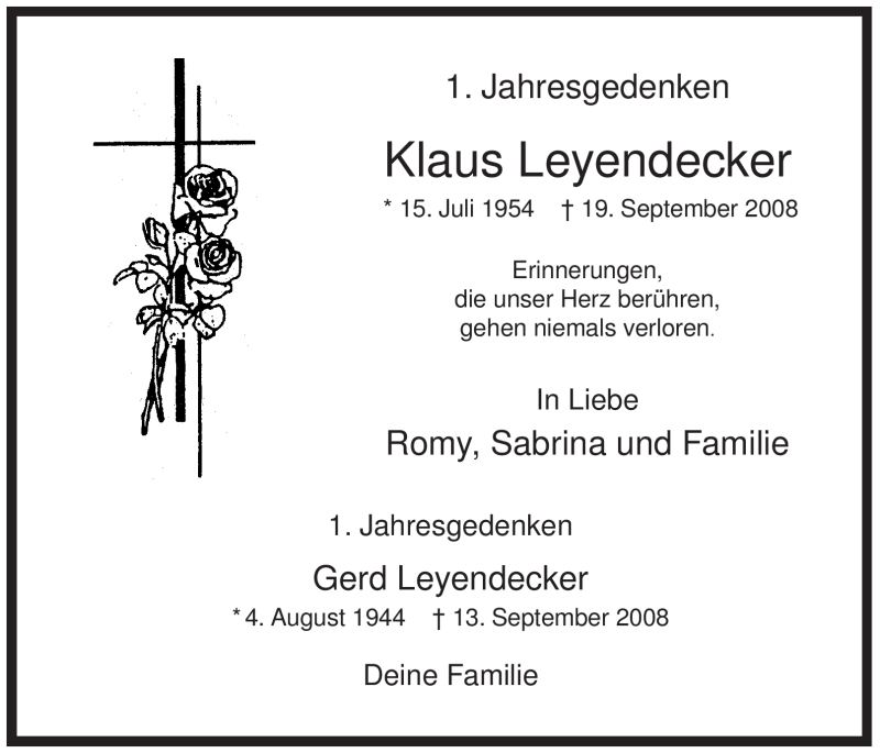  Traueranzeige für Klaus Leyendecker vom 19.09.2009 aus WESTFÄLISCHER ANZEIGER