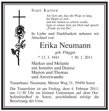Traueranzeige von Erika Neumann von WESTFÄLISCHER ANZEIGER