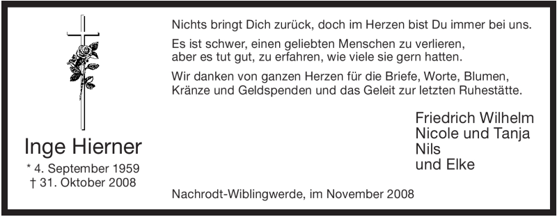  Traueranzeige für Inge Hierner vom 29.11.2008 aus WESTFÄLISCHER ANZEIGER