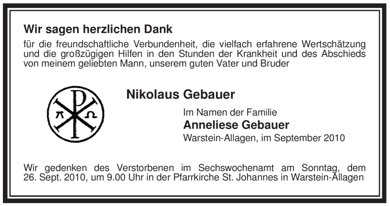  Traueranzeige für Nikolaus Gebauer vom 24.09.2010 aus WESTFÄLISCHER ANZEIGER