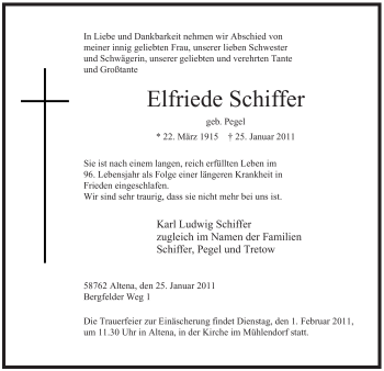 Traueranzeige von Elfriede Schiffer von WESTFÄLISCHER ANZEIGER