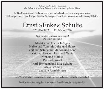 Traueranzeige von Ernst Schulte von WESTFÄLISCHER ANZEIGER