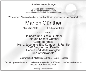 Traueranzeige von Marion Günther von WESTFÄLISCHER ANZEIGER