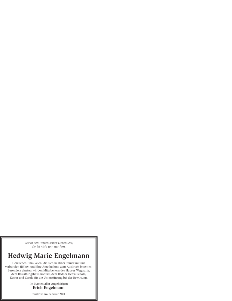  Traueranzeige für Hedwig Marie Engelmann vom 26.02.2011 aus WESTFÄLISCHER ANZEIGER