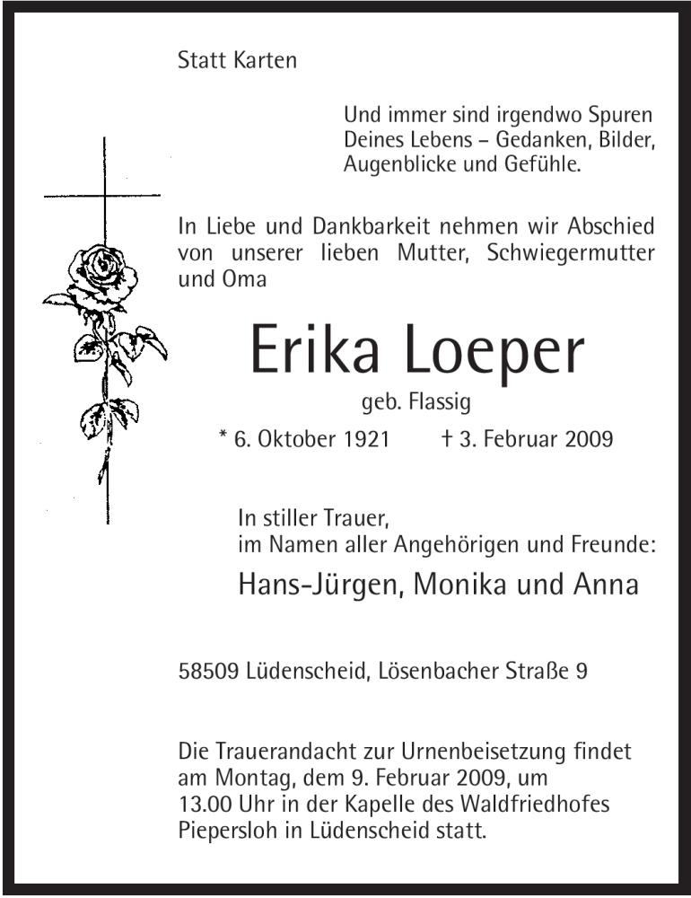  Traueranzeige für Erika Loeper vom 06.02.2009 aus WESTFÄLISCHER ANZEIGER
