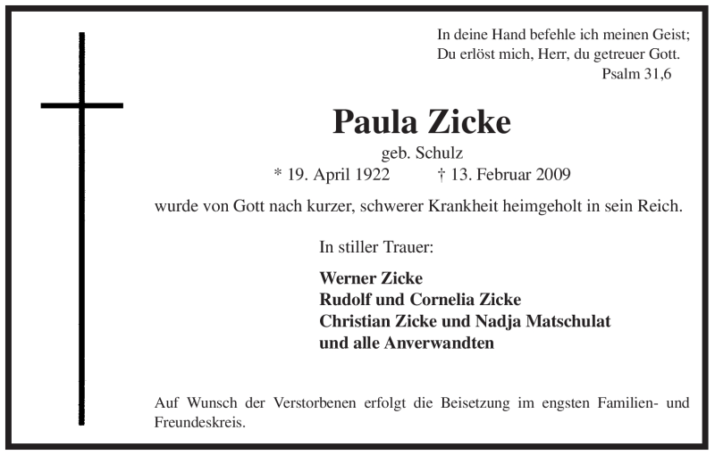  Traueranzeige für Paula Zicke vom 21.02.2009 aus WESTFÄLISCHER ANZEIGER