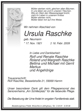 Traueranzeige von Ursula Raschke von WESTFÄLISCHER ANZEIGER
