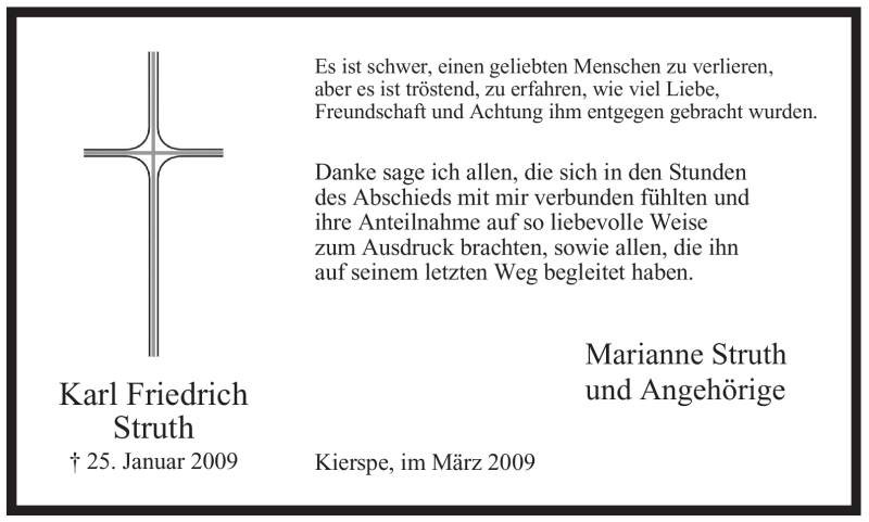  Traueranzeige für Karl Friedrich Struth vom 28.03.2009 aus WESTFÄLISCHER ANZEIGER