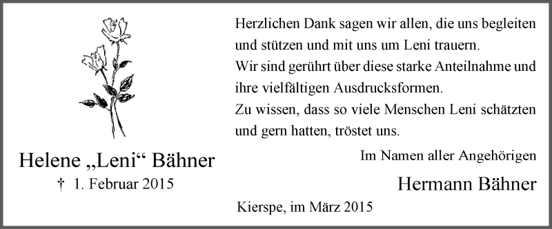  Traueranzeige für Helene Bähner vom 26.03.2015 aus MZV