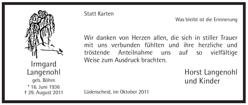  Traueranzeige für Irmgard Langenohl vom 01.10.2011 aus WESTFÄLISCHER ANZEIGER