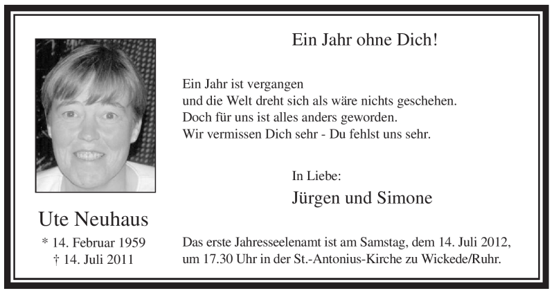  Traueranzeige für Ute Neuhaus vom 14.07.2012 aus WESTFÄLISCHER ANZEIGER