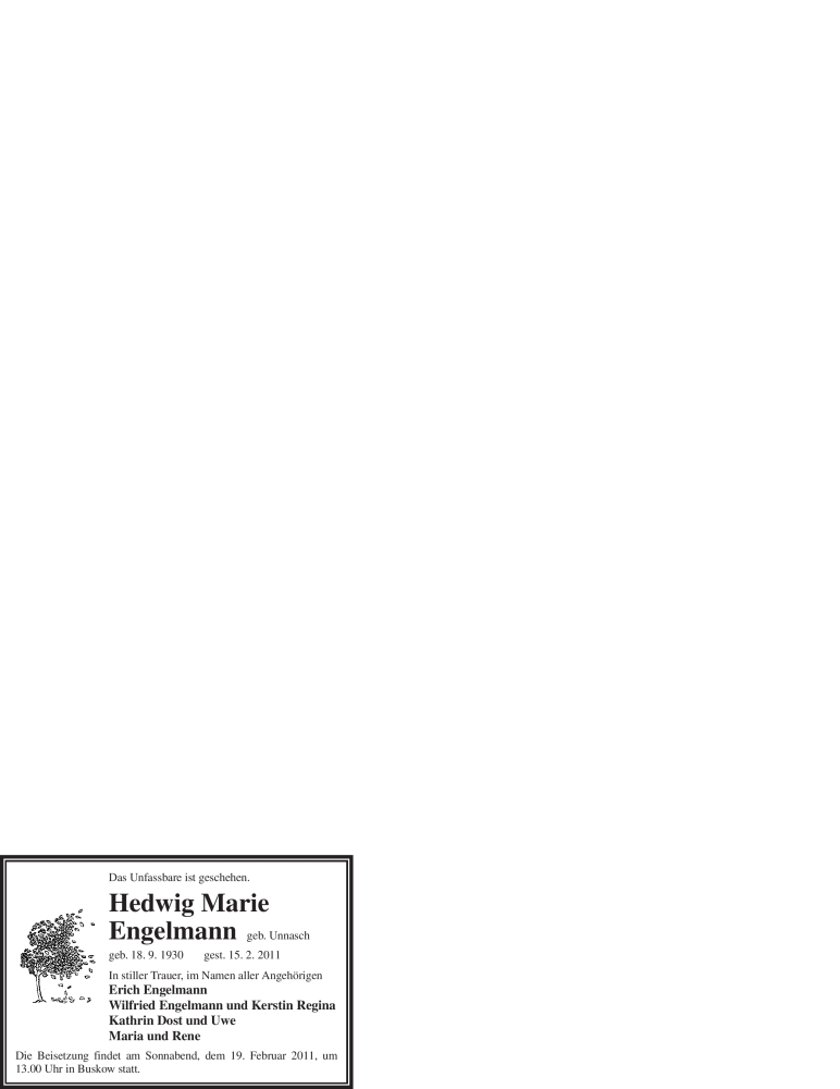  Traueranzeige für Hedwig Marie Engelmann vom 18.02.2011 aus WESTFÄLISCHER ANZEIGER