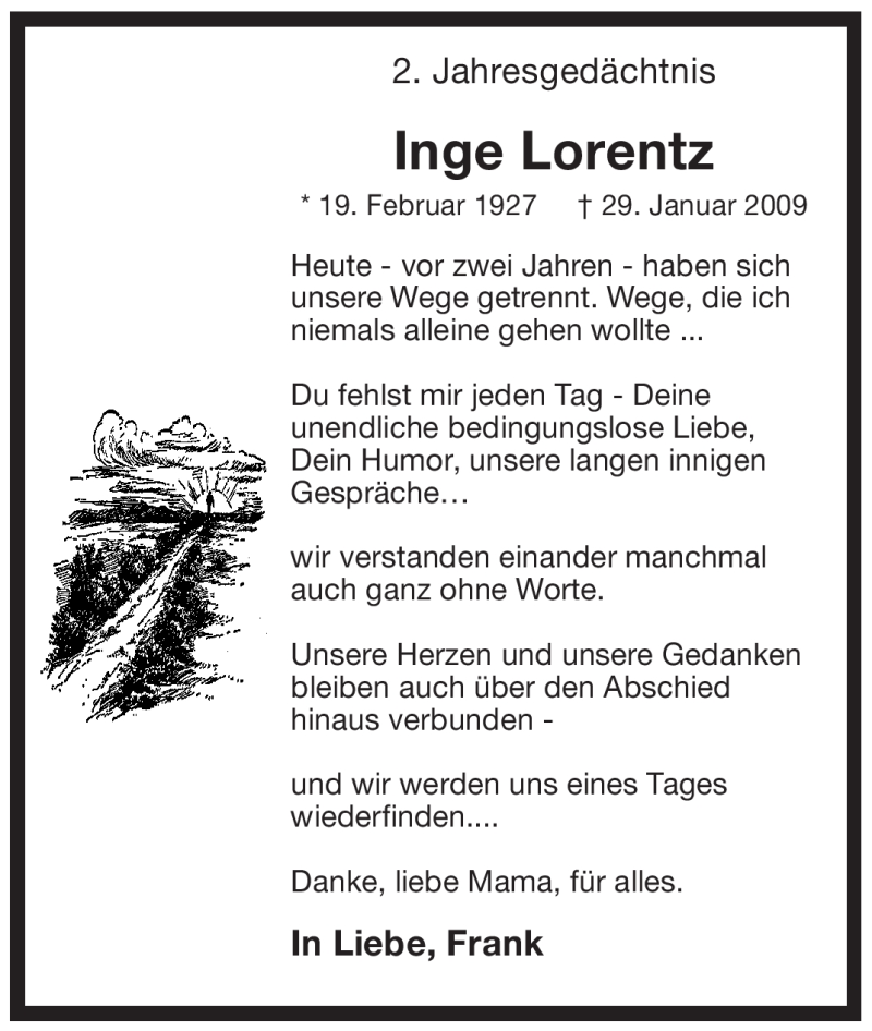  Traueranzeige für Inge Lorentz vom 29.01.2011 aus WESTFÄLISCHER ANZEIGER