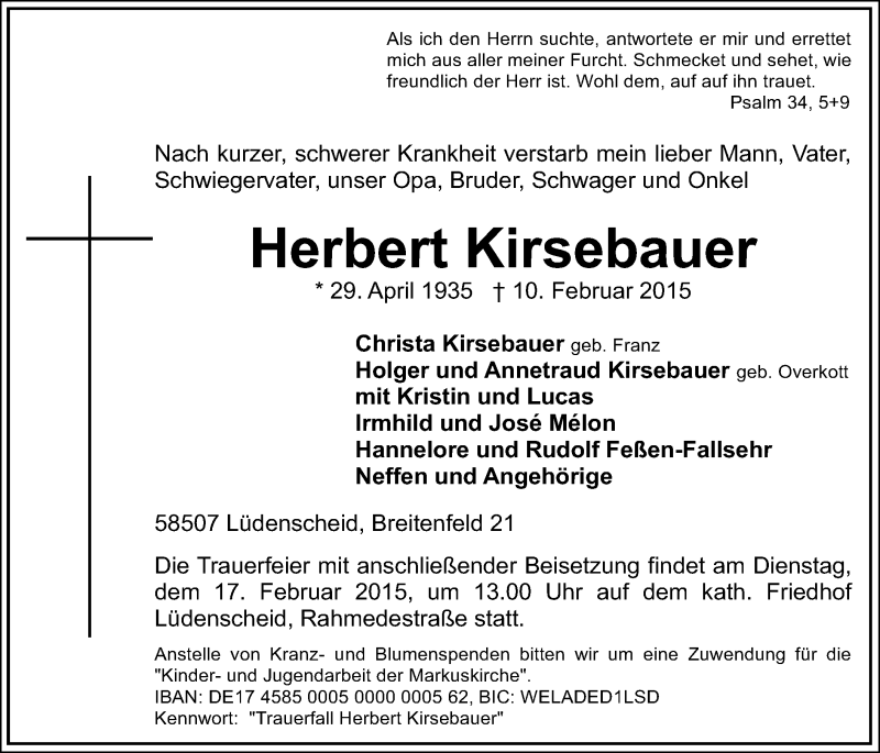  Traueranzeige für Herbert Kirsebauer vom 13.02.2015 aus MZV