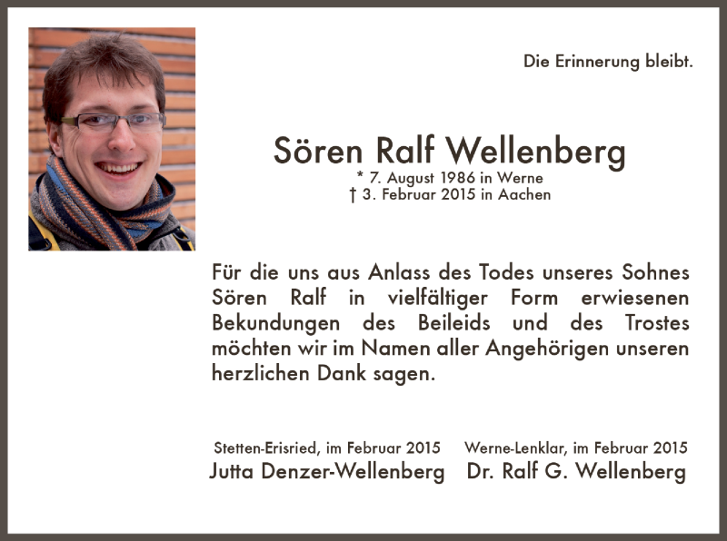  Traueranzeige für Sören Ralf Wellenberg vom 28.02.2015 aus MZV