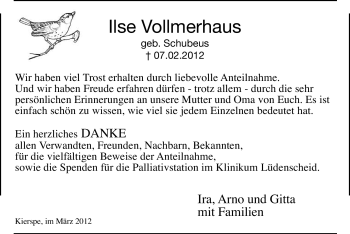Traueranzeige von Ilse Vollmerhaus von WESTFÄLISCHER ANZEIGER