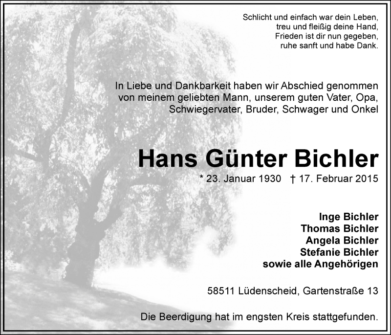  Traueranzeige für Hans Günter Bichler vom 27.02.2015 aus MZV