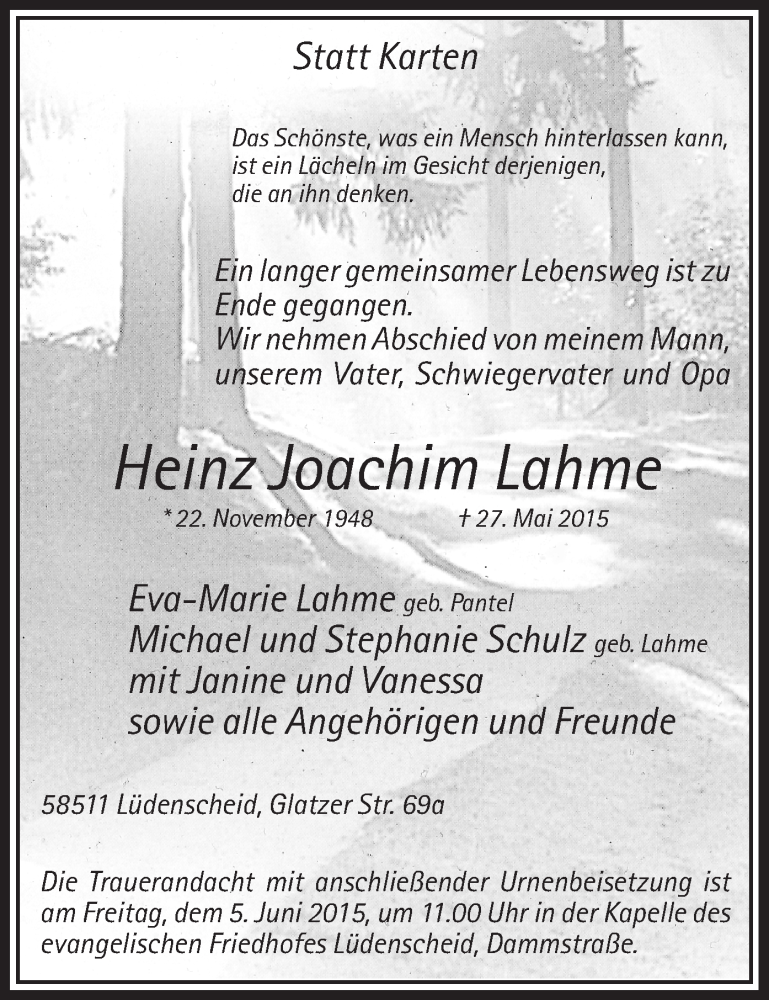  Traueranzeige für Heinz Joachim Lahme vom 30.05.2015 aus MZV