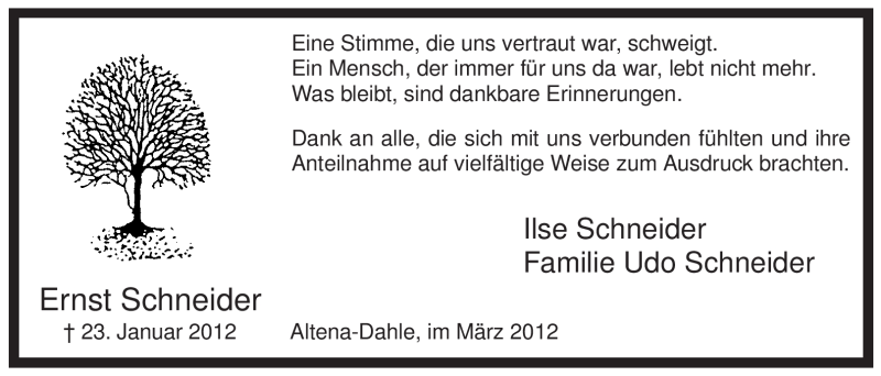  Traueranzeige für Ernst Schneider vom 10.03.2012 aus WESTFÄLISCHER ANZEIGER