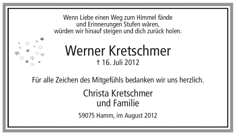  Traueranzeige für Werner Kretschmer vom 18.08.2012 aus WESTFÄLISCHER ANZEIGER