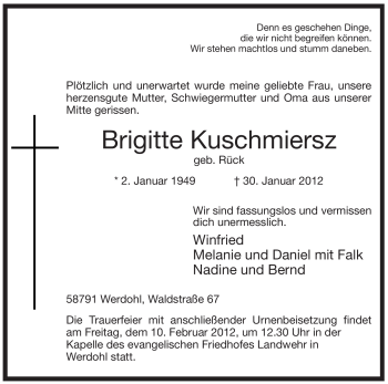 Traueranzeige von Brigitte Kuschmiersz von WESTFÄLISCHER ANZEIGER