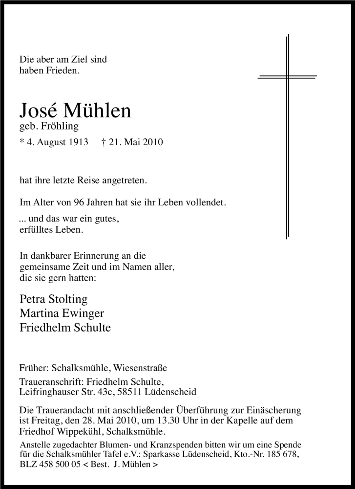  Traueranzeige für José Mühlen vom 25.05.2010 aus WESTFÄLISCHER ANZEIGER