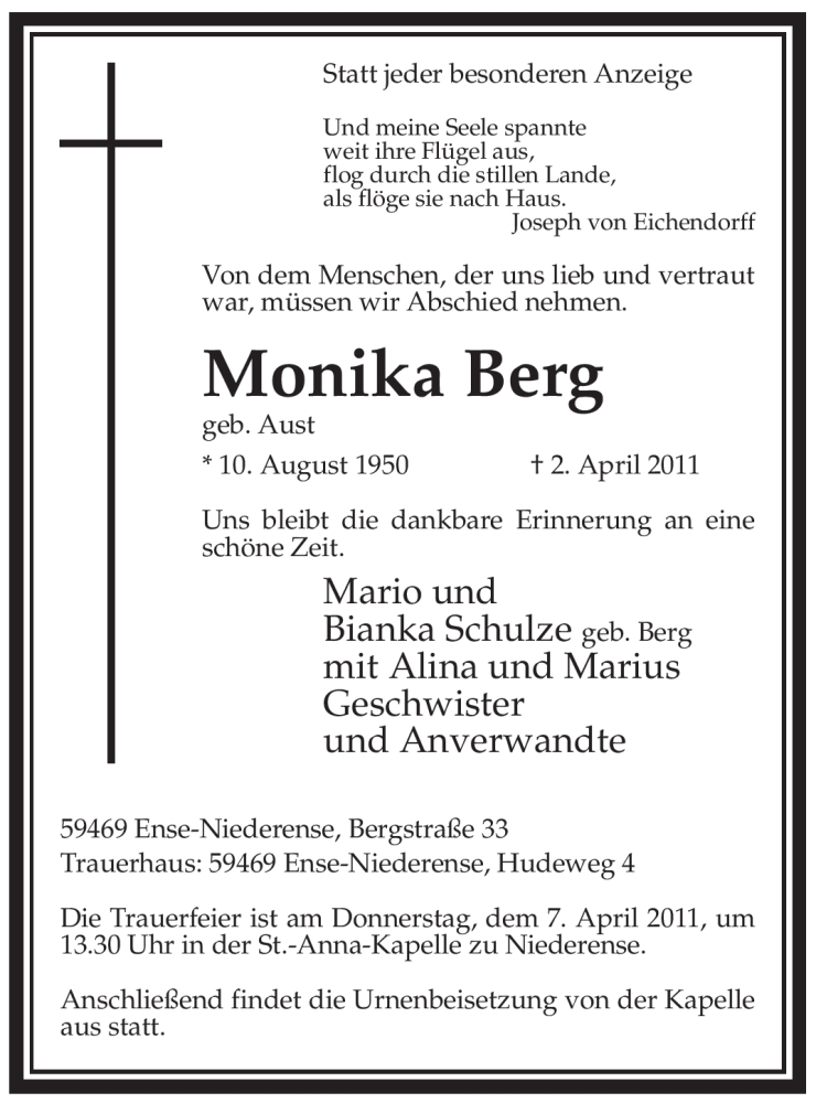  Traueranzeige für Monika Berg vom 04.04.2011 aus WESTFÄLISCHER ANZEIGER