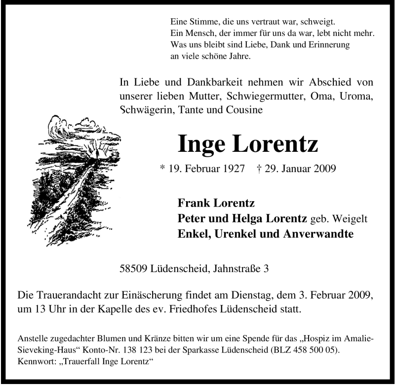  Traueranzeige für Inge Lorentz vom 31.01.2009 aus WESTFÄLISCHER ANZEIGER