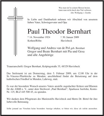 Traueranzeige von Paul Theodor Bernhart von WESTFÄLISCHER ANZEIGER