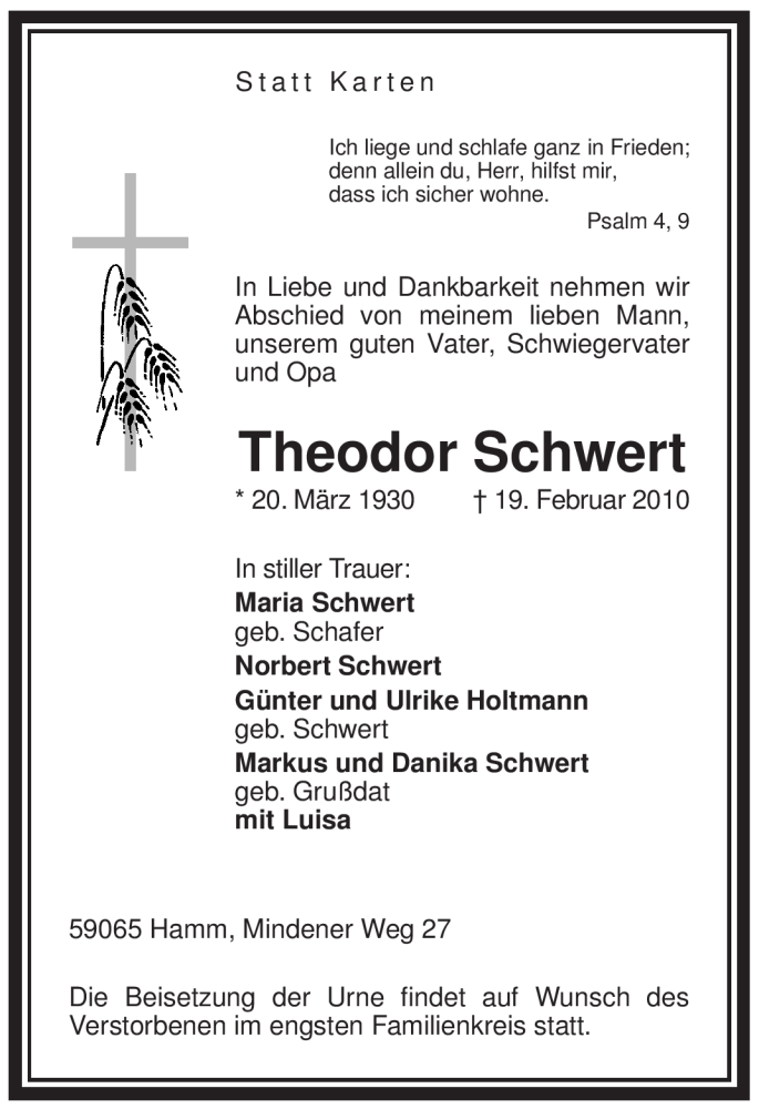  Traueranzeige für Theodor Schwert vom 23.02.2010 aus WESTFÄLISCHER ANZEIGER