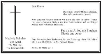 Traueranzeige von Hedwig Schulze von WESTFÄLISCHER ANZEIGER