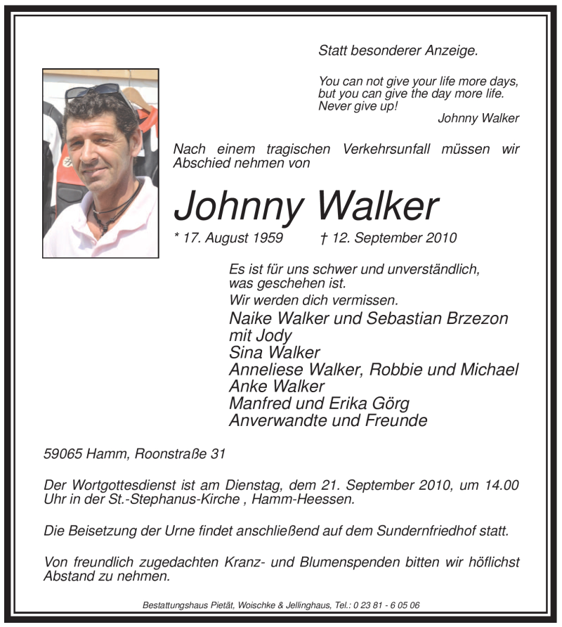  Traueranzeige für Johnny Walker vom 16.09.2010 aus WESTFÄLISCHER ANZEIGER