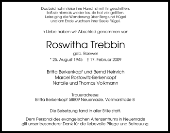 Traueranzeige von Roswitha Trebbin von WESTFÄLISCHER ANZEIGER