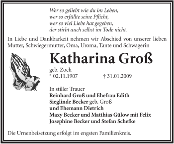 Traueranzeige von Katharina Groß von WESTFÄLISCHER ANZEIGER