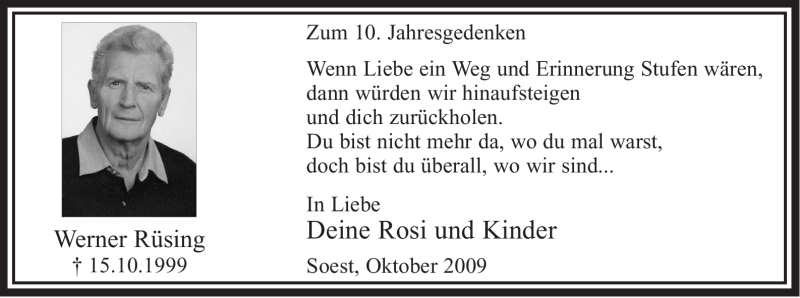  Traueranzeige für Werner Rüsing vom 15.10.2009 aus WESTFÄLISCHER ANZEIGER