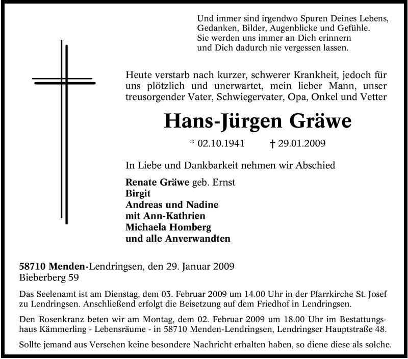  Traueranzeige für Hans-Jürgen Gräwe vom 03.02.2009 aus WESTFÄLISCHER ANZEIGER