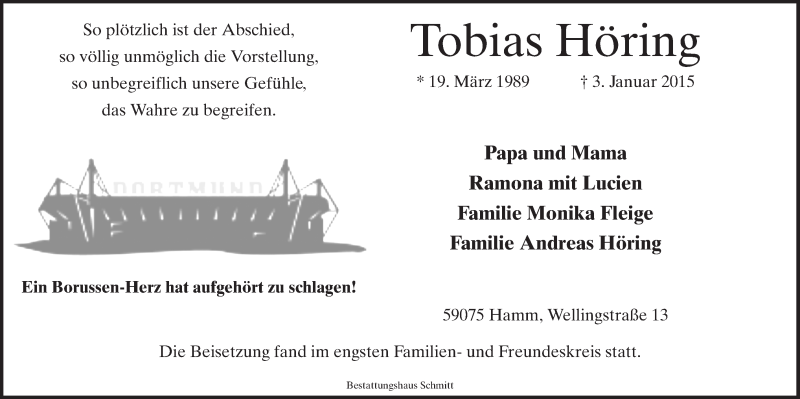  Traueranzeige für Tobias Höring vom 14.01.2015 aus MZV