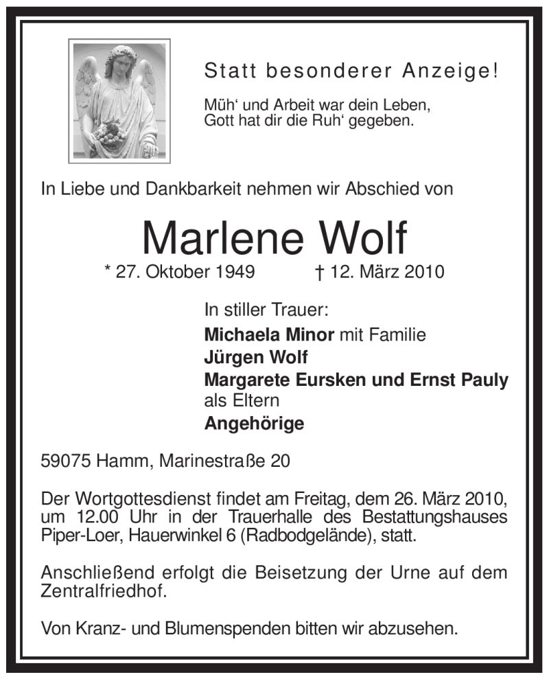  Traueranzeige für Marlene Wolf vom 24.03.2010 aus WESTFÄLISCHER ANZEIGER