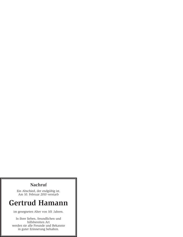  Traueranzeige für Gertrud Hamann vom 20.02.2010 aus WESTFÄLISCHER ANZEIGER