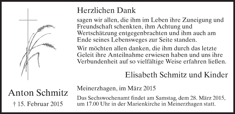  Traueranzeige für Anton Schmitz vom 25.03.2015 aus MZV
